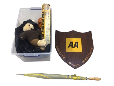 Lot 175 - Group of AA related items to include AA wooden shield sign measuring 61cm x 56.5cm, AA teddy bear and others