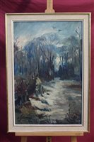 Lot 952 - 1950s oil on canvas - Winter shooting scene,...