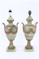 Lot 838 - Pair onyx urn-shaped table lamps with gilt...