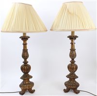 Lot 805 - Pair old gilt wood altar-style candlestick...