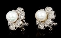 Lot 490 - Pair cultured pearl and diamond earrings, each...