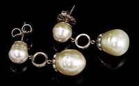 Lot 495 - Pair cultured pearl and diamond pendant...