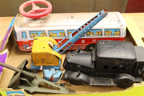 Lot 788 - Tinplate bus, crane, armoured Cars and field...