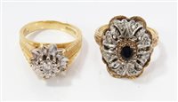 Lot 1213 - Gold (18ct) diamond and sapphire cluster ring...