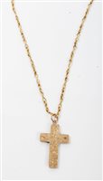 Lot 1226 - Gold (9ct) cross pendant on long fancy link...