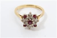 Lot 1316 - Ladies' gold (18ct) ruby and diamond cluster...