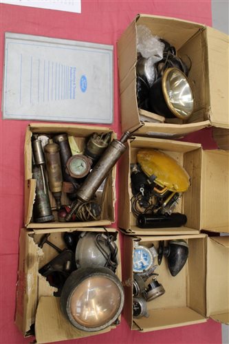 Lot 2956 - Two vintage car spot lamps, lot grease guns,...