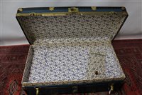 Lot 3096 - Large blue and black steamer trunk with metal...