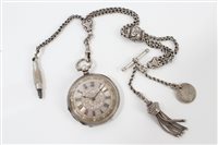 Lot 3212 - Late 19th century Swiss silver fob watch with...