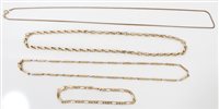 Lot 3241 - Three gold (9ct) chains and gold (14ct) bracelet