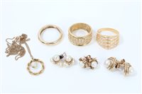 Lot 3242 - Three gold and yellow metal rings, three pairs...