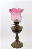 Lot 3716 - Edwardian brass oil lamp with acid-etched...