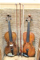 Lot 3582 - Old violin with two bows in a fitted case,...