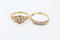 Lot 3255 - Gold (18ct) diamond five stone ring and one...