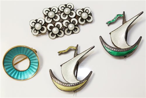 Lot 3258 - Four Norwegian silver and enamel brooches