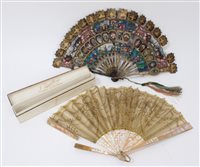 Lot 815 - 19th century Chinese painted papier mâché fan...