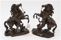 Lot 824 - Pair of patinated bronze Marley horse groups,...