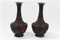 Lot 971 - Pair Chinese black lacquer and cinnabar vases...