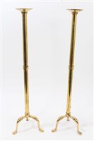 Lot 975 - Pair brass pricket candlesticks with tripod...