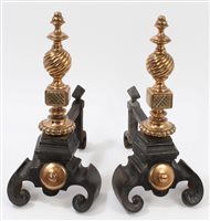 Lot 978 - Pair 19th century copper and iron fire dogs...