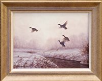 Lot 1052 - Julian Novorol (b. 1949), Mallard in flight,...