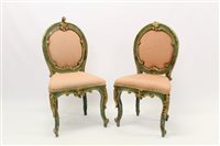 Lot 1390 - Pair of antique green painted and gilt...
