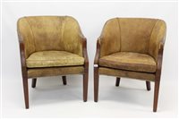 Lot 1421 - Pair of leather upholstered tub chairs with...
