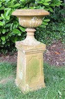 Lot 1453 - Antique terracotta garden urn in three parts,...