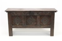 Lot 1463 - 17th century oak coffer, the plank top with...