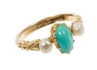 Lot 435 - Victorian turquoise and pearl three stone ring...