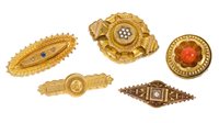 Lot 438 - Collection of five Victorian gold brooches -...