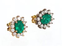 Lot 477 - Pair emerald and diamond cluster earrings,...