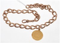 Lot 517 - 9ct rose gold curb link watch chain with an...