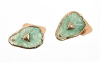 Lot 528 - Pair Art Deco 9ct gold mounted 'jade' glass...