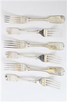 Lot 382 - Three William IV silver fiddle pattern dinner...