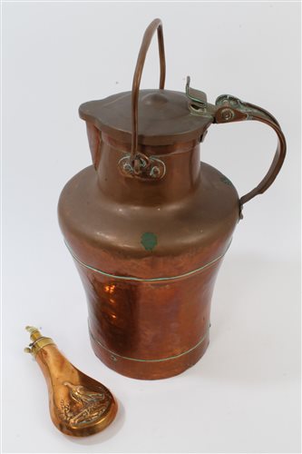 Lot 673 - Antique copper gunpowder flask, 20cm, together...