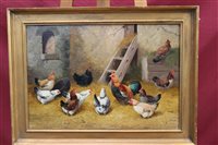 Lot 1009 - Alfred Prehn, oil on canvas - chickens in a...