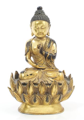 Lot 894 - Tibetan gilt brass Buddha in mediative pose,...