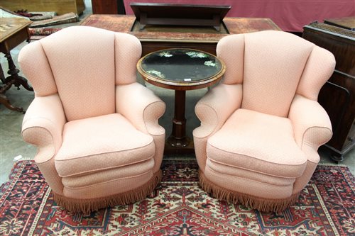 Lot 1447 - Pair of deep upholstered easy chairs each with...