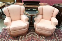 Lot 1447 - Pair of deep upholstered easy chairs each with...