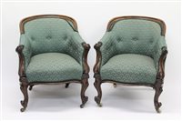 Lot 1303 - Pair of Victorian rosewood tub chairs, each...