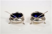 Lot 211 - Pair Victorian silver cauldron salts with blue...