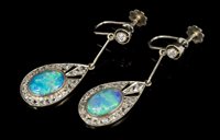 Lot 512 - Pair Art Deco French opal and diamond pendant...