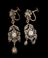 Lot 522 - Pair antique diamond pendant earrings, each...