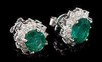 Lot 538 - Pair emerald and diamond cluster earrings,...