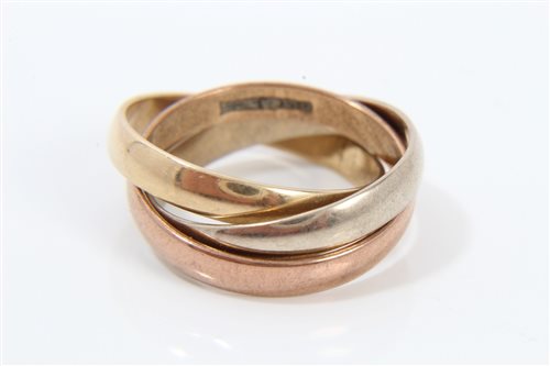 Lot 560 - Three-colour 9ct gold 'Russian' wedding ring...