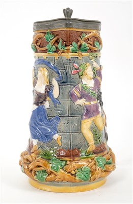 Lot 138 - Victorian Minton Majolica tower jug with hinged pewter cover