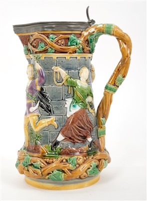Lot 138 - Victorian Minton Majolica tower jug with hinged pewter cover