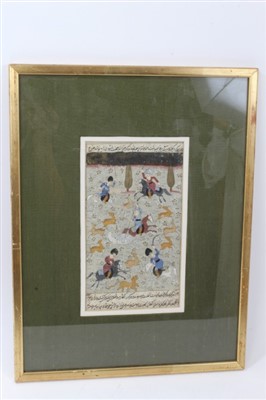 Lot 590 - Fine antique Persian watercolour bookplate depicting a hunting scene with warriors with swords