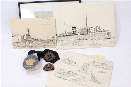 Lot 660 - Group of pencil and ink drawings of ships,...